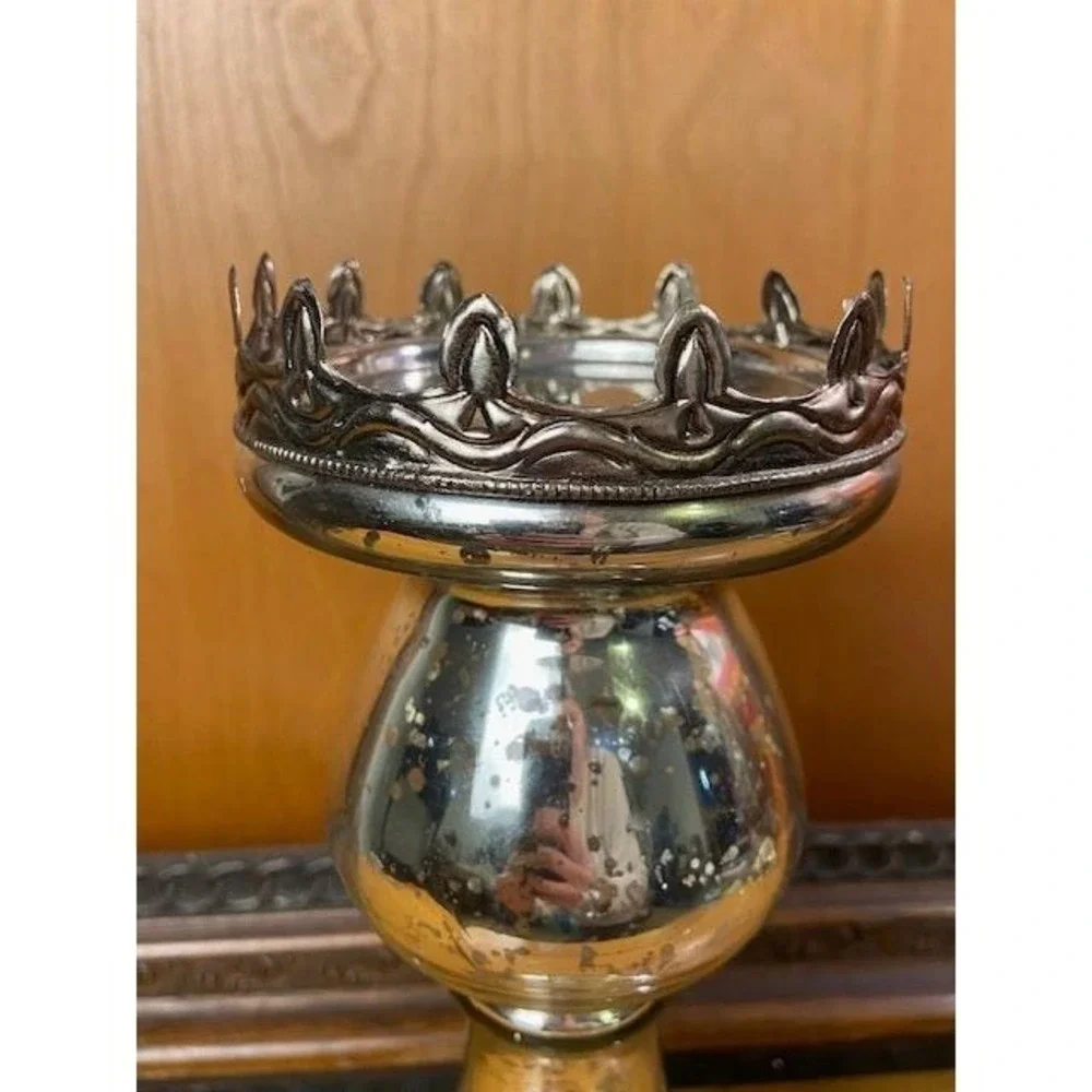 Mercury Glass Crown Pillar Candle Holder Silver Antiqued Pedestal 11.5 Inch NBC